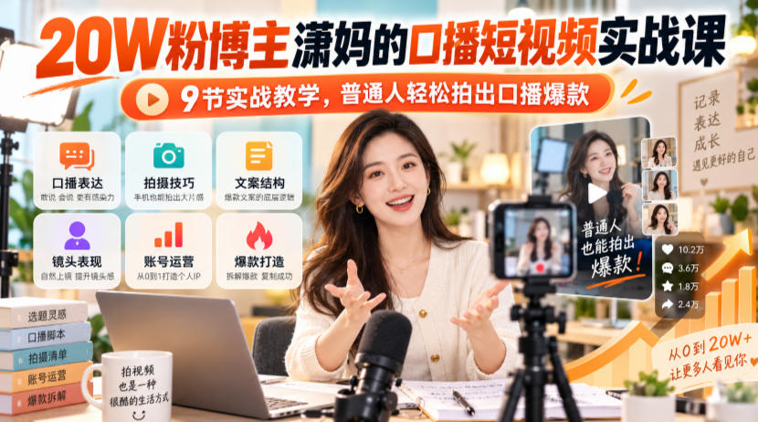 20W粉博主潇妈的口播短视频实战课，9节实战教学，普通人轻松拍出口播爆款-HEIXMI（中国站）