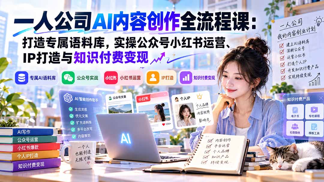 一人公司AI内容创作全流程课：打造专属语料库，实操公众号小红书运营、IP打造与知识付费变现方法论-HEIXMI（中国站）