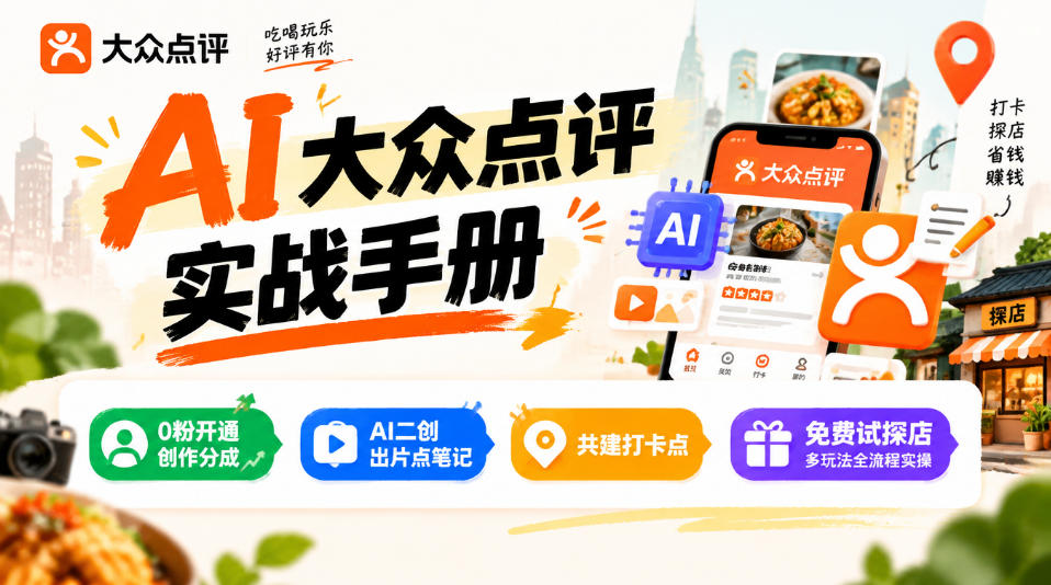 某局的AI大众点评实战手册，0粉开通创作分成、AI二创出片点笔记、共建打卡点、免费试探店多玩法全流程实操-HEIXMI（中国站）
