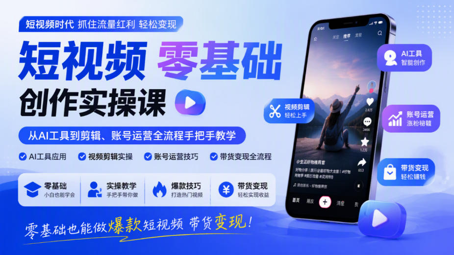 短视频零基础创作实操课，从AI工具到剪辑、账号运营全流程手把手教学，零基础也能做爆款短视频带货变现-HEIXMI（中国站）