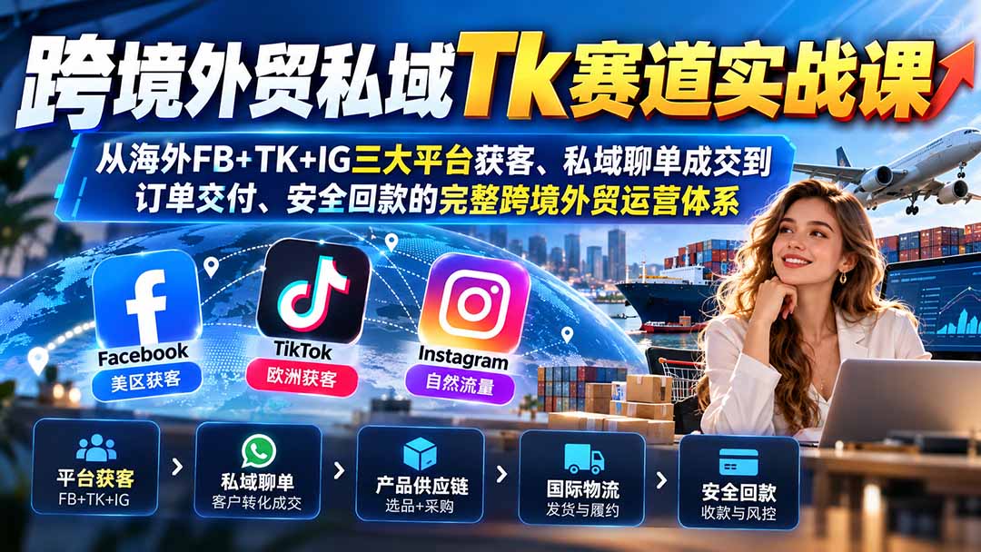 跨境外贸私域Tk赛道实战课：从海外FB+TK+IG三大平台获客、私域聊单成交到订单交付、安全回款的完整跨境外贸运营体系-HEIXMI（中国站）