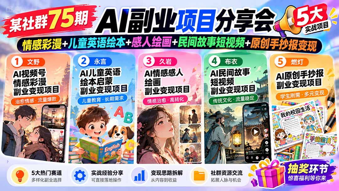 某社群75期AI副业项目分享会：情感彩漫+儿童英语绘本+感人绘画+民间故事短视频+原创手抄报变现-HEIXMI（中国站）