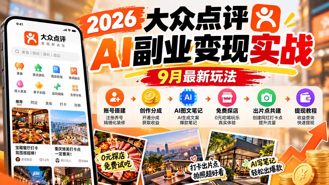 2026大众点评AI副业变现实战9月最新玩法：账号搭建+创作分成+AI图文笔记+免费探店+出片点共建与提现教程-HEIXMI（中国站）