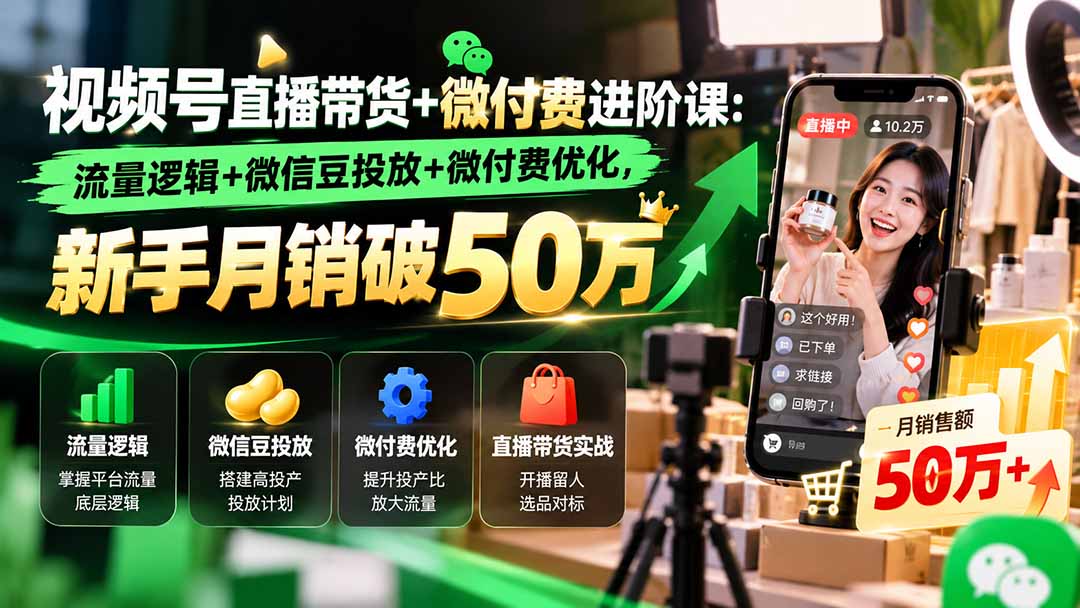 视频号直播带货+微付费进阶课-更新1010：流量逻辑+微信豆投放+微付费优化，新手月销破50万-HEIXMI（中国站）