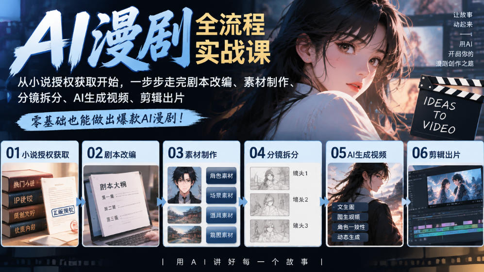 AI漫剧全流程实战课｜从小说授权获取开始，一步步走完剧本改编、素材制作、分镜拆分、AI生成视频、剪辑出片全流程-HEIXMI（中国站）