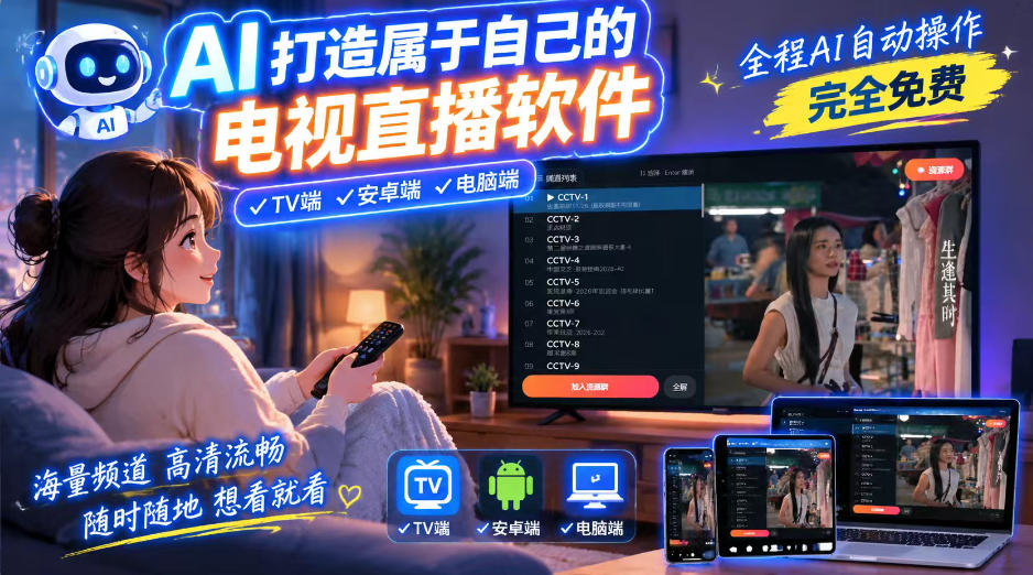 一个提示词，AI全自动做出电视直播软件，电脑、安卓、电视三端通用，完全免费，画质流畅不卡顿-HEIXMI（中国站）