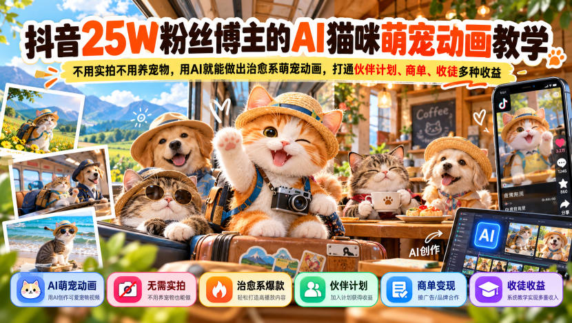 抖音25W粉丝博主的AI猫咪萌宠动画教学，不用实拍不用养宠物，用AI就能做出治愈系萌宠动画，打通伙伴计划、商单、收徒多种收益-HEIXMI（中国站）