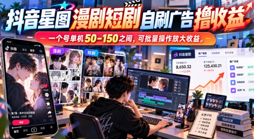 抖音星图漫剧短剧自刷广告撸收益，一个号单机50-150之间，可批量操作放大收益-HEIXMI（中国站）