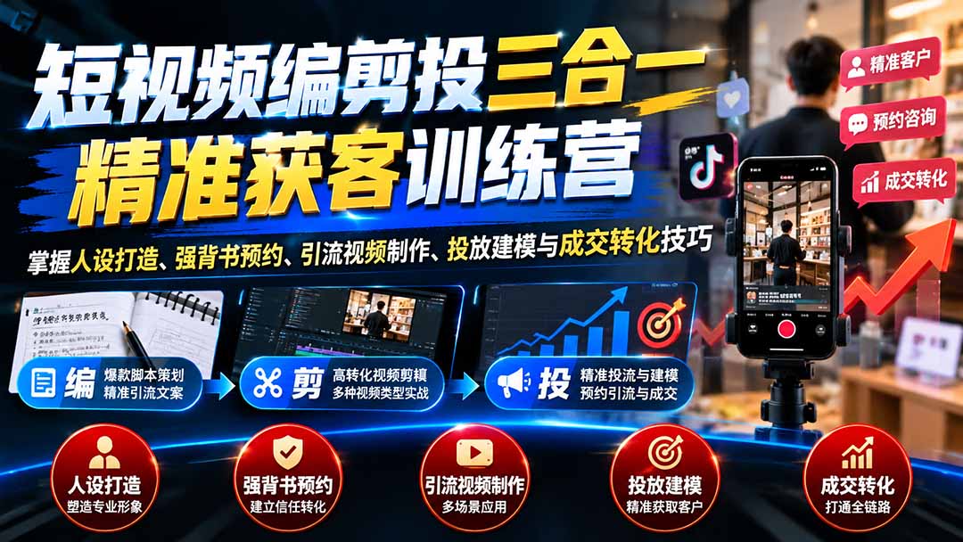 短视频编剪投三合一精准获客训练营：掌握人设打造、强背书预约、引流视频制作、投放建模与成交转化技巧-HEIXMI（中国站）
