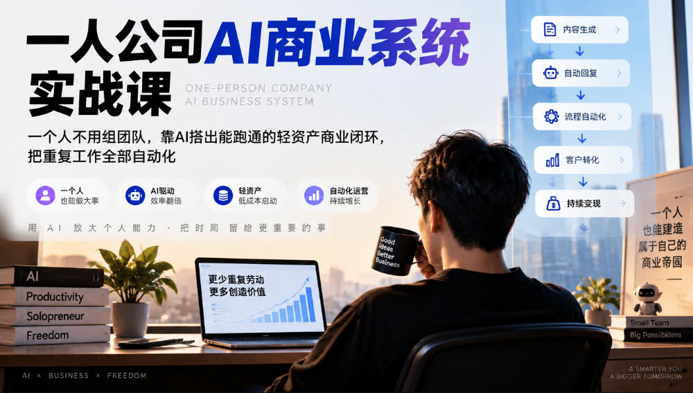 一人公司AI商业系统实战课，一个人不用组团队，靠AI搭出能跑通的轻资产商业闭环，把重复工作全部自动化-HEIXMI（中国站）