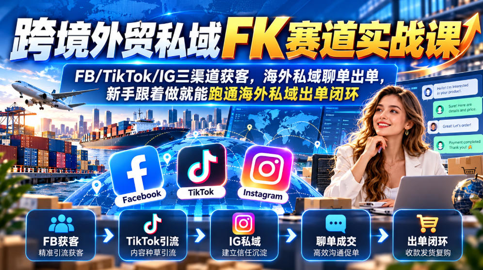 跨境外贸私域FK赛道实战课｜FB/TikTok/IG三渠道获客，海外私域聊单出单，新手跟着做就能跑通海外私域出单闭环-HEIXMI（中国站）