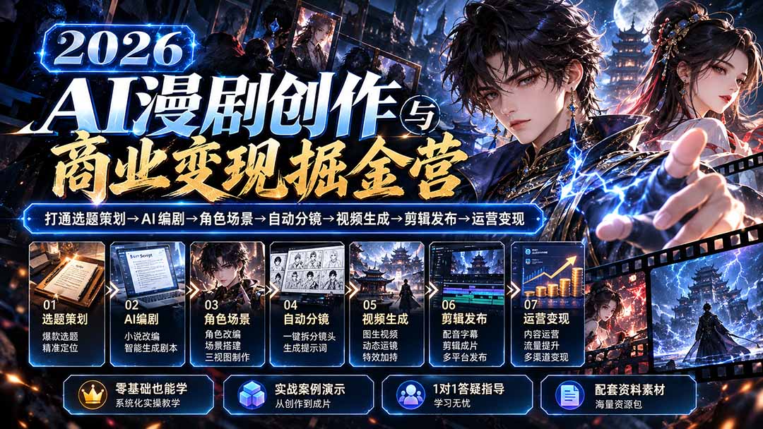 【无水印】2026AI漫剧创作与商业变现掘金营：打通选题→AI编剧→角色场景→自动分镜→视频生成→剪辑发布→运营变现-HEIXMI（中国站）
