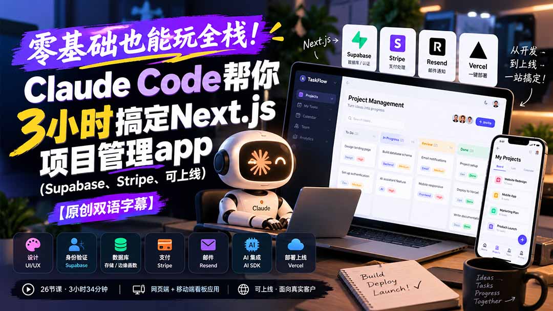 零基础也能玩全栈！Claude Code帮你3小时搞定Next.js项目管理app(Supabase、Stripe、可上线-HEIXMI（中国站）