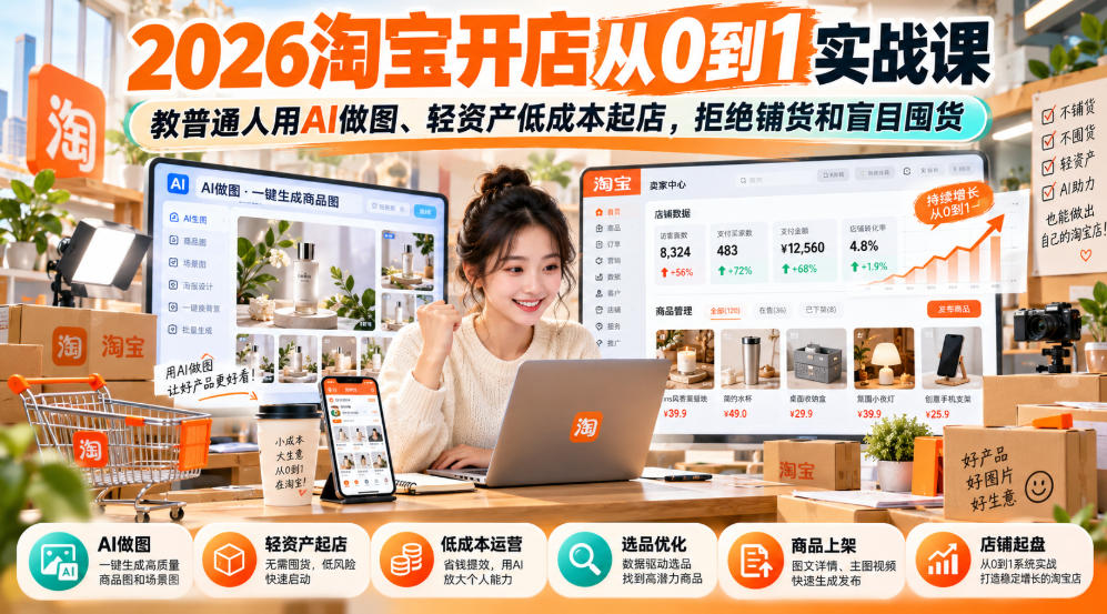 2026淘宝开店从0到1实战课，教普通人用AI做图、轻资产低成本起店，拒绝铺货和盲目囤货-HEIXMI（中国站）