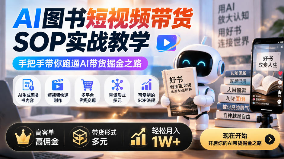 AI图书短视频带货SOP实战教学，手把手带你跑通AI带货掘金之路，高客单高佣金，带货形式多元，轻松月入1W+-HEIXMI（中国站）