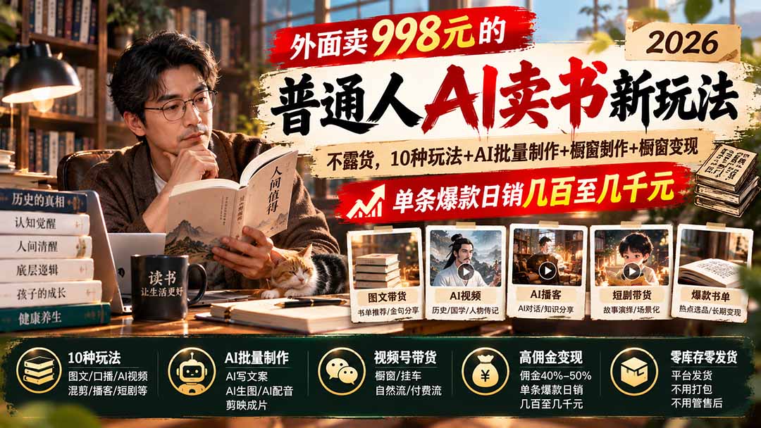 外面卖998元的2026普通人AI卖书新玩法：不露脸、不囤货，10种玩法+AI批量制作+橱窗变现，单条爆款日销几百至几千元-HEIXMI（中国站）