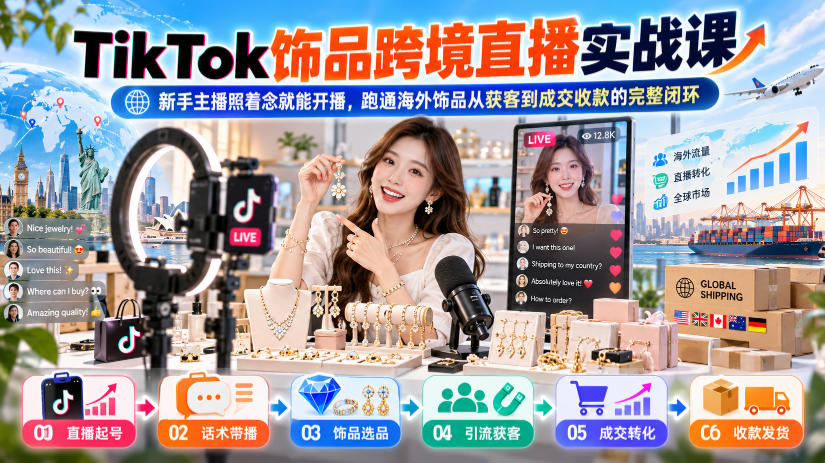 TikTok饰品跨境直播实战课，新手主播照着念就能开播，跑通海外饰品从获客到成交收款的完整闭环-HEIXMI（中国站）