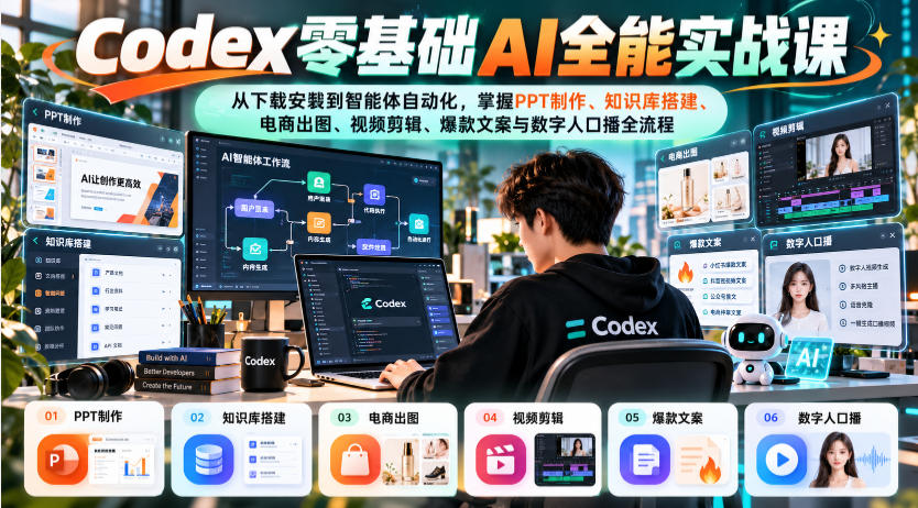Codex零基础AI全能实战课：从下载安装到智能体自动化，掌握知识库搭建、电商出图、视频剪辑、爆款文案与数字人口播全流程-HEIXMI（中国站）