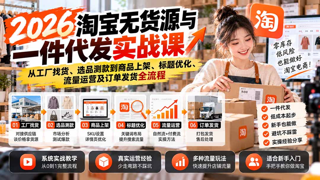 2026淘宝无货源与一件代发实战课：从工厂找货、选品测款到商品上架、标题优化、流量运营及订单发货全流程-HEIXMI（中国站）
