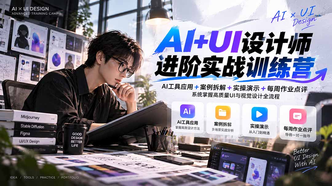 【无水印】AI+UI设计师进阶训练营-第4期：AI工具应用+案例拆解+实操演示+作业点评，掌握高质量UI与视觉设计全流程-HEIXMI（中国站）