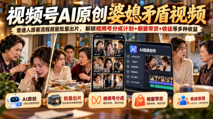视频号ai原创婆媳矛盾视频，普通人跟着流程就能批量出片，解锁视频号分成计划+橱窗带货+收徒等多种收益-HEIXMI（中国站）