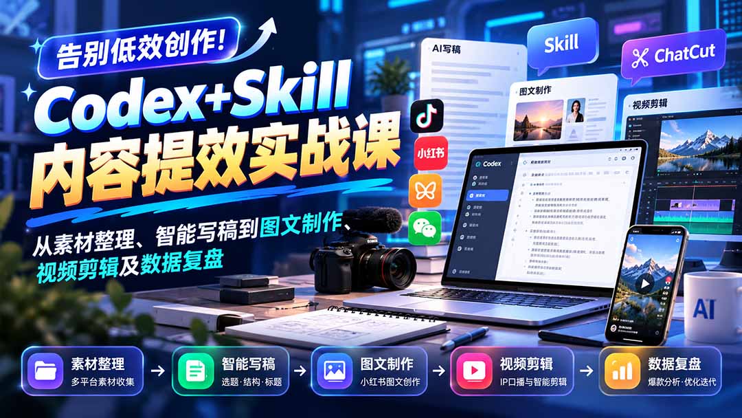 【无水印】告别低效创作！Codex+Skill内容提效实战课：从素材整理、智能写稿到图文制作、视频剪辑及数据复盘-HEIXMI（中国站）