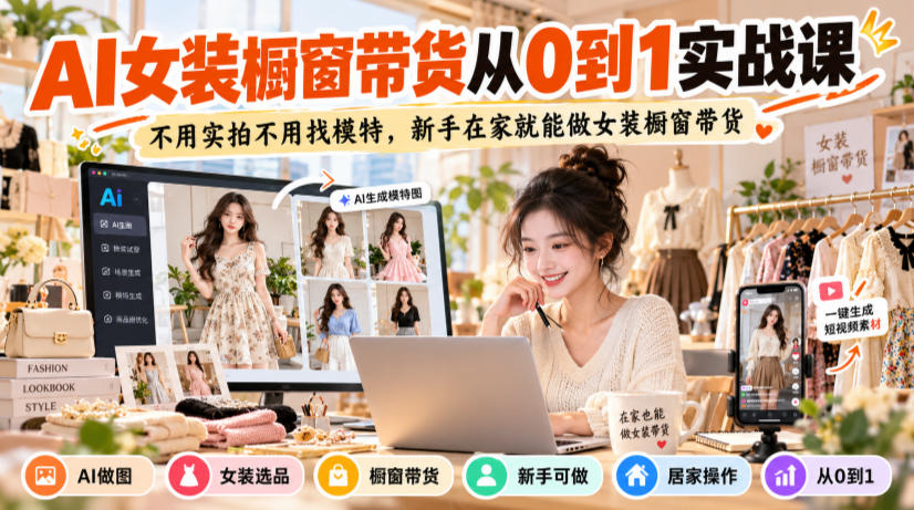 AI女装橱窗带货从0到1实战课，不用实拍不用找模特，新手在家就能做女装橱窗带货-HEIXMI（中国站）
