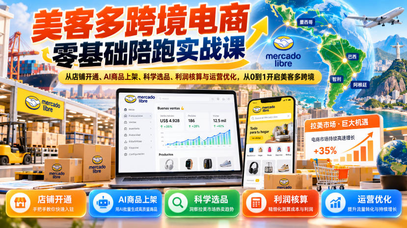 美客多跨境电商零基础陪跑实战课：从店铺开通、AI商品上架、科学选品、利润核算与运营优化，从0到1开启美客多跨境-HEIXMI（中国站）