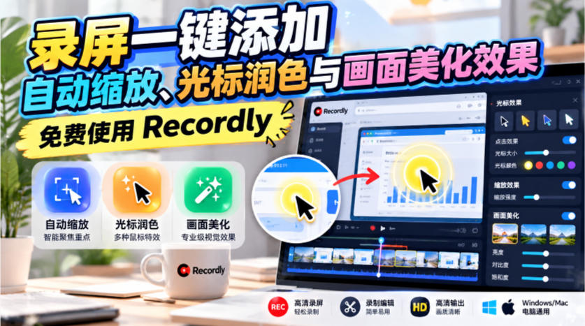录屏一键添加自动缩放、光标润色与画面美化效果，免费使用Recordly-HEIXMI（中国站）