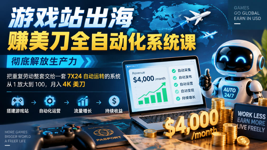 游戏站出海賺美刀全自动化系统课，彻底解放生产力--把重复劳动整套交给一套7X24自动运转的系统，从1放大到100，月入4K美刀-HEIXMI（中国站）