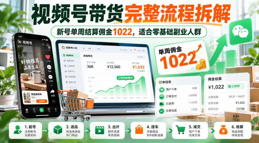 视频号带货完整流程拆解，新号单周结算佣金1022，适合零基础副业人群-HEIXMI（中国站）