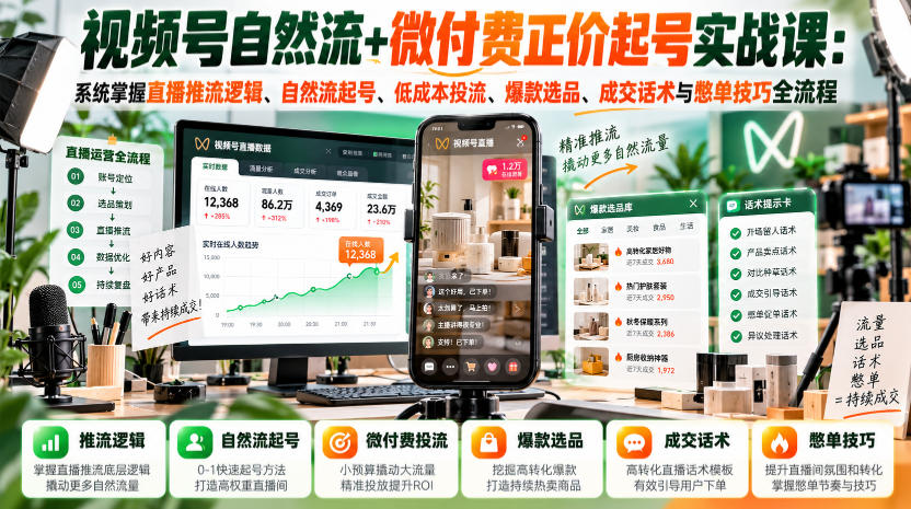 视频号自然流+微付费正价起号实战课：系统掌握直播推流逻辑、自然流起号、低成本投流、爆款选品、成交话术与憋单技巧全流程-HEIXMI（中国站）