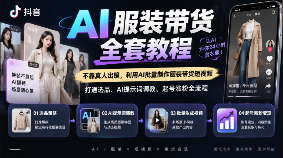 抖音AI服装带货全套教程，不靠真人出镜，利用AI批量制作服装带货短视频，打通选品、AI提示词调教、起号涨粉全流程-HEIXMI（中国站）