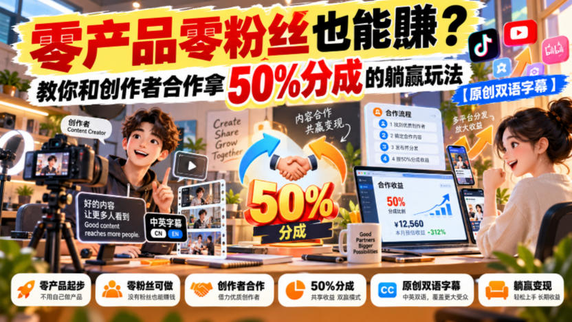 【无水印】零产品零粉丝也能賺？教你和创作者合作拿50%分成的躺赢玩法【原创双语字幕】-HEIXMI（中国站）