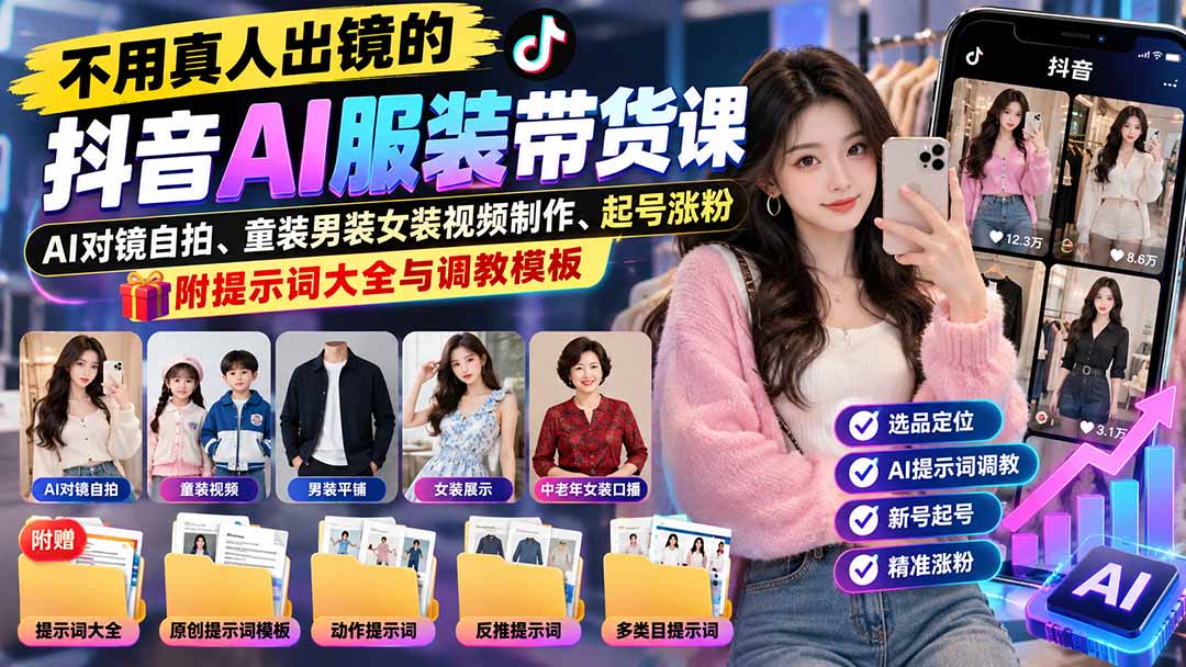 不用真人出镜的抖音AI服装带货课：AI对镜自拍、童装男装女装视频制作、起号涨粉，附提示词大全与调教模板-HEIXMI（中国站）