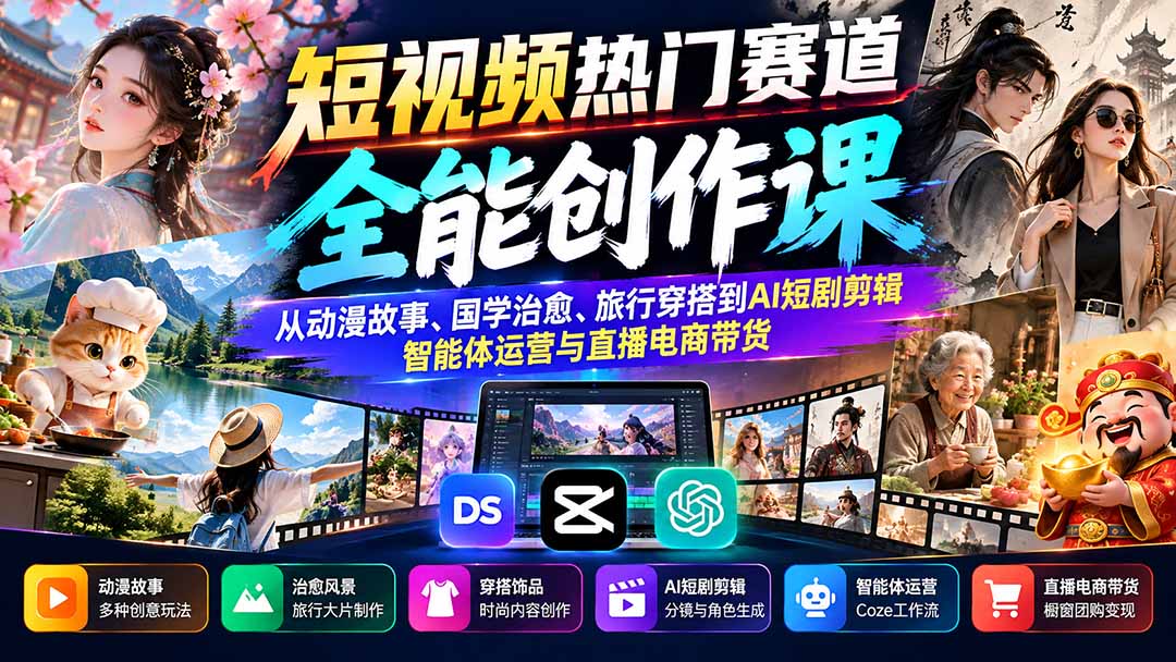 短视频热门赛道全能创作课：从动漫故事、国学治愈、旅行穿搭到AI短剧剪辑、智能体运营与直播电商带货-HEIXMI（中国站）