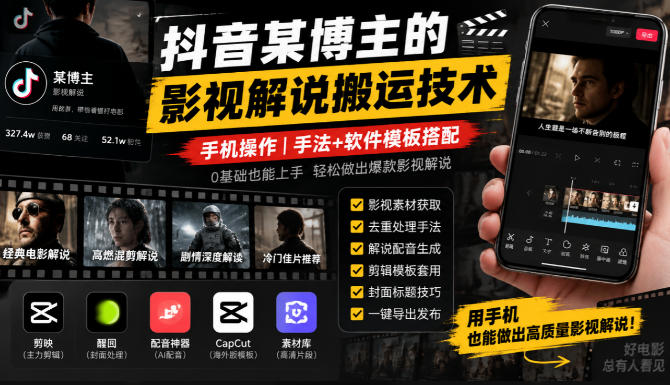 抖音某博主的影视解说搬运技术，手机操作，手法+软件模板搭配-HEIXMI（中国站）