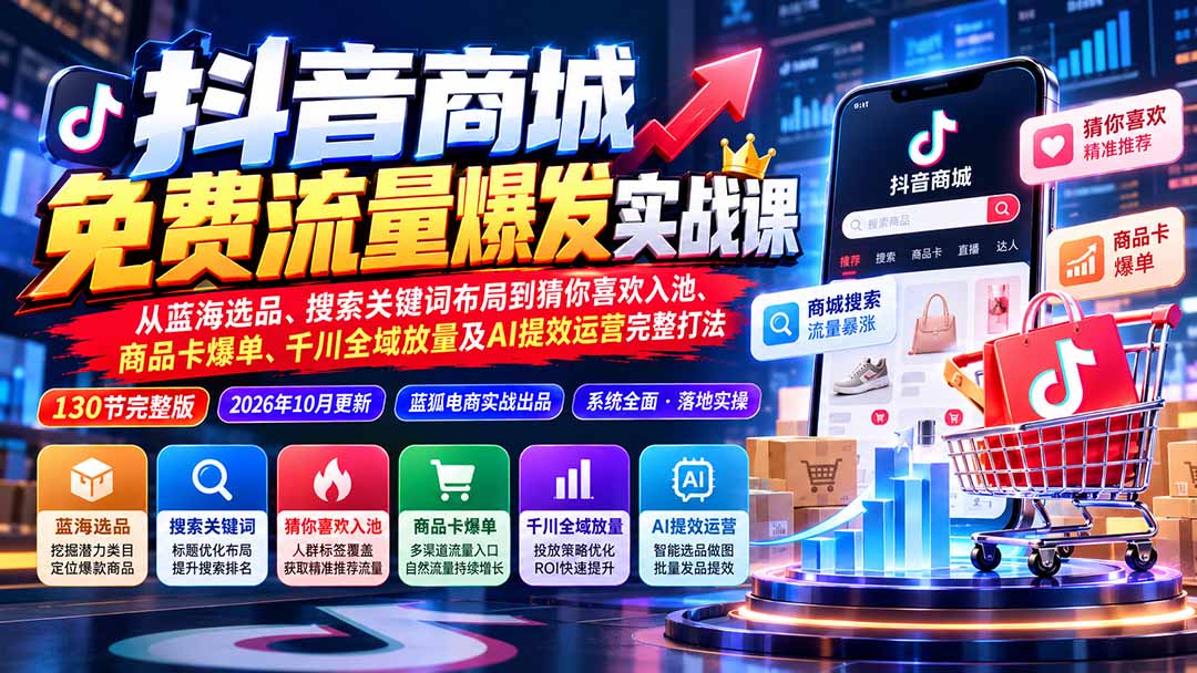 抖音商城免费流量爆发实战：从蓝海选品、搜索关键词布局到猜你喜欢入池、商品卡爆单、千川全域放量及AI提效完整打法-HEIXMI（中国站）