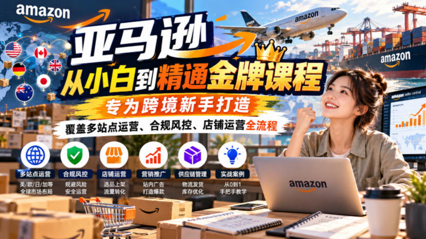 亚马逊从小白到精通金牌课程，专为跨境新手打造，覆盖多站点运营、合规风控、店铺运营全流程-HEIXMI（中国站）