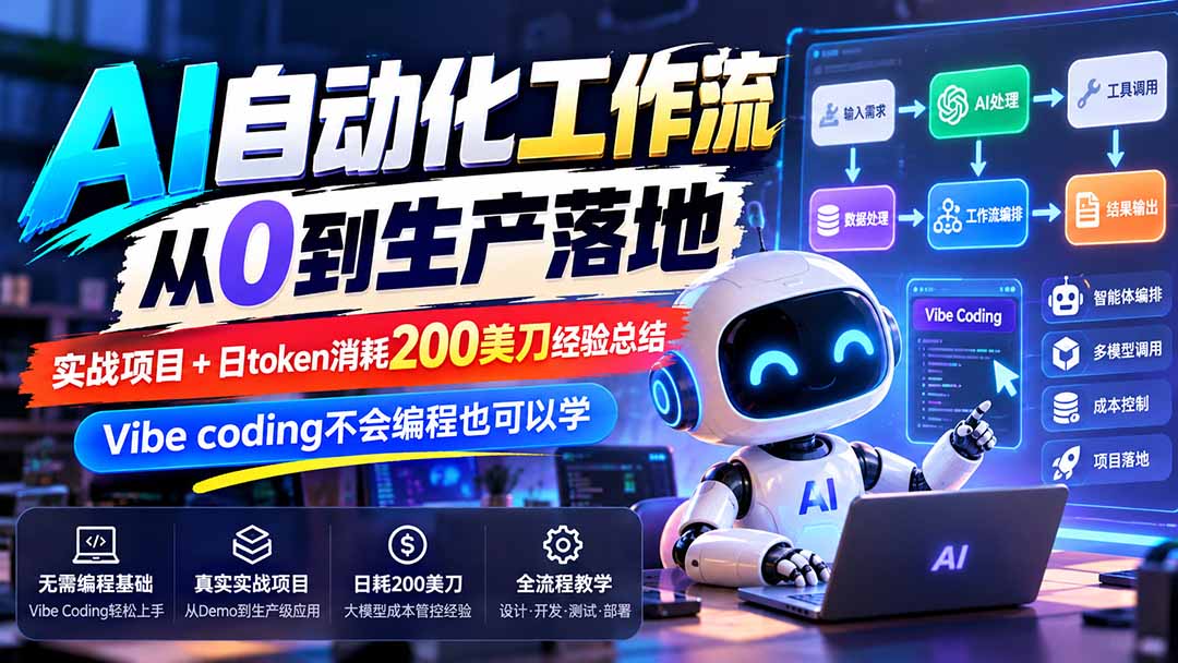 【无水印】AI自动化工作流从0到生产落地，实战项目+日token消耗200美刀经验总结，Vibe coding不会编程也可以学-HEIXMI（中国站）