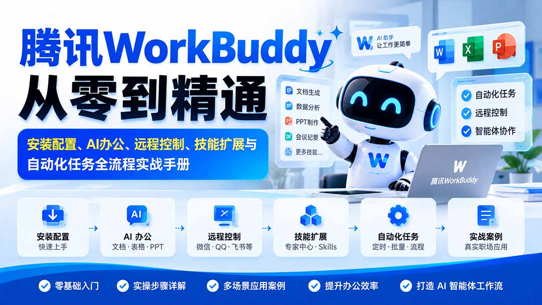 腾讯WorkBuddy从零到精通：安装配置、AI办公、远程控制、技能扩展与自动化任务全流程实战手册-HEIXMI（中国站）