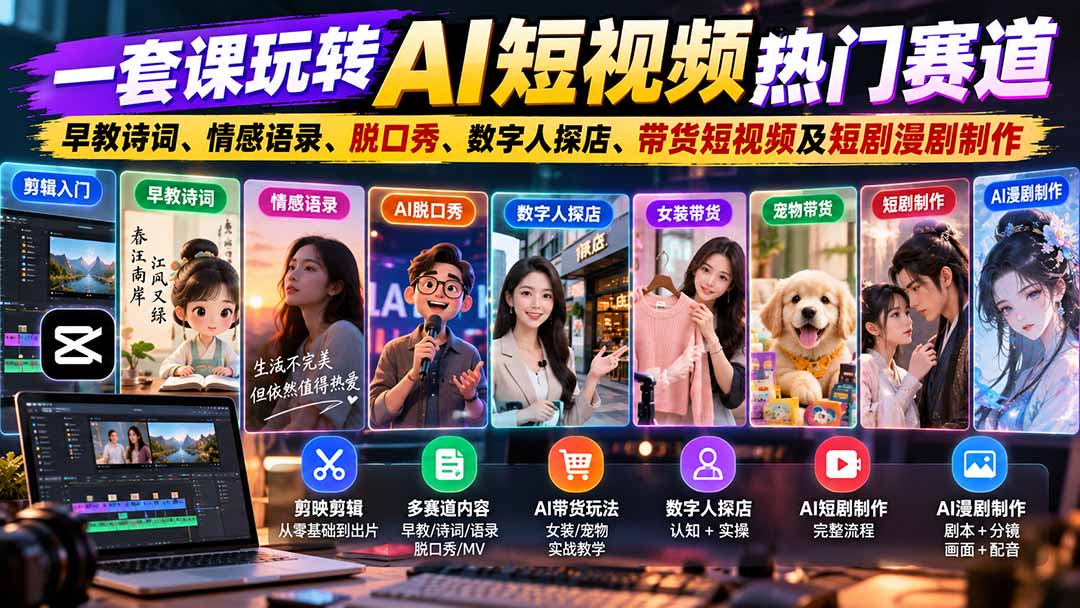 一套课玩转AI短视频热门赛道：早教诗词、情感语录、脱口秀、数字人探店、带货短视频及短剧漫剧制作  复制标题-HEIXMI（中国站）