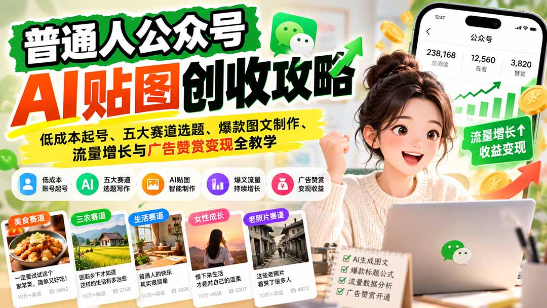 普通人公众号AI贴图创收攻略：低成本起号、五大赛道选题、爆款图文制作、流量增长与广告赞赏变现全教学-HEIXMI（中国站）