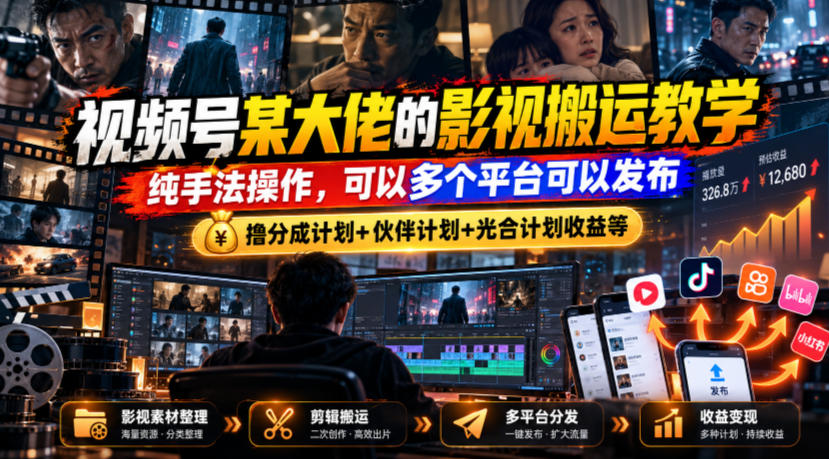 视频号某大佬的影视搬运教学，纯手法操作，可以多个平台可以发布，撸分成计划+伙伴计划+光合计划收益等-HEIXMI（中国站）