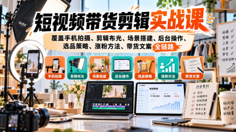 短视频带货剪辑实战课，覆盖手机拍摄、剪辑布光、场景搭建、后台操作、选品策略、涨粉方法、带货文案全链路-HEIXMI（中国站）