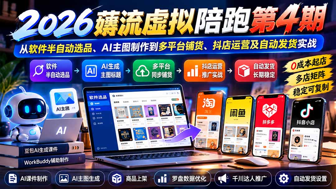 2026薅流虚拟陪跑第4期：从软件半自动选品、AI主图制作到多平台铺货、抖店运营及自动发货实战-HEIXMI（中国站）