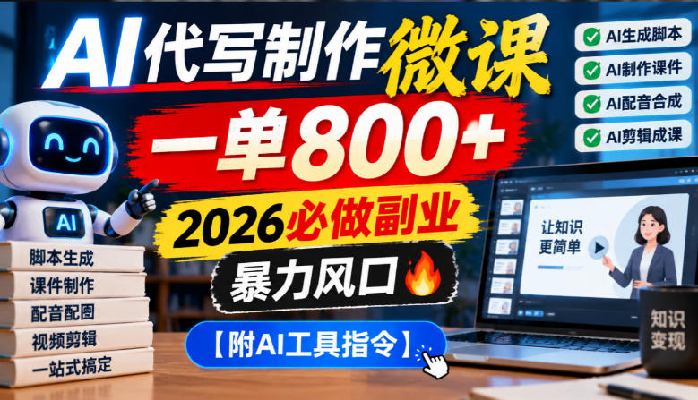 AI代写制作微课，一单800+，2026必做副业，暴力风口【附AI工具指令】【揭秘】-HEIXMI（中国站）