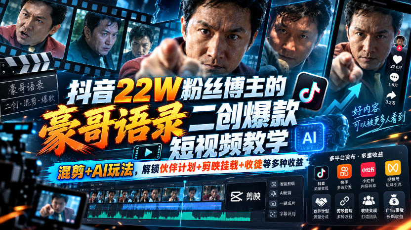 抖音22W粉丝博主的豪哥语录二创爆款短视频教学，混剪+AI玩法，解锁伙伴计划+剪映挂载+收徒等多种收益-HEIXMI（中国站）
