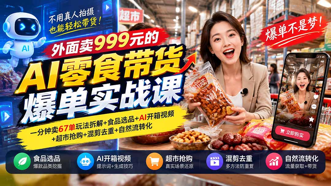外面卖999元的AI零食带货爆单实战课｜一分钟卖67单玩法拆解+食品选品+AI开箱视频+超市抢购+混剪去重+自然流转化-HEIXMI（中国站）
