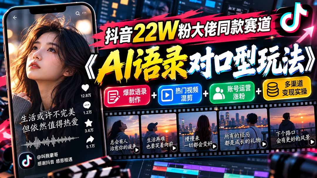 抖音22W粉大佬同款赛道《AI语录对口型玩法》：爆款语录制作+热门视频混剪+账号运营涨粉+多渠道变现实操-HEIXMI（中国站）